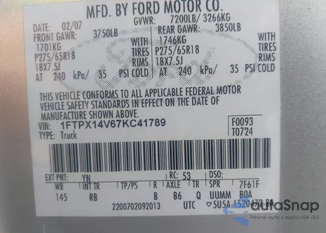 2007 Ford F-150 Fx4/Lariat/Xl/Xlt z USA, uszkodzony, nr VIN 1FTPX14V67KC41789